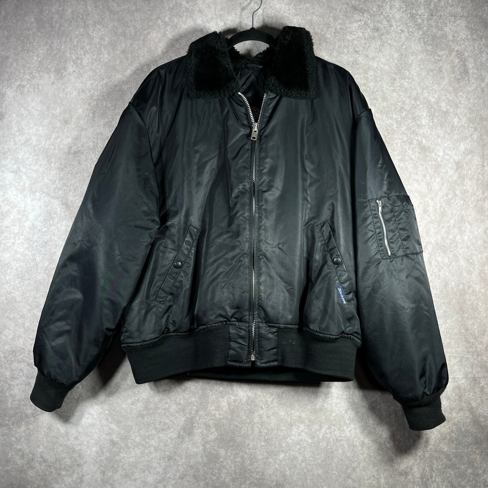 Dickies Flight‎ Bomber Jacket Mens Large Black Quilted Faux Fur Collar Full Zip